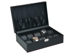 (10) Carbon Fiber Pattern Leather Watch Box with Red Stitch Trim