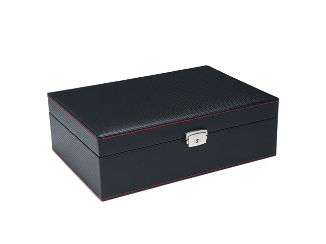 (10) Carbon Fiber Pattern Leather Watch Box with Red Stitch Trim