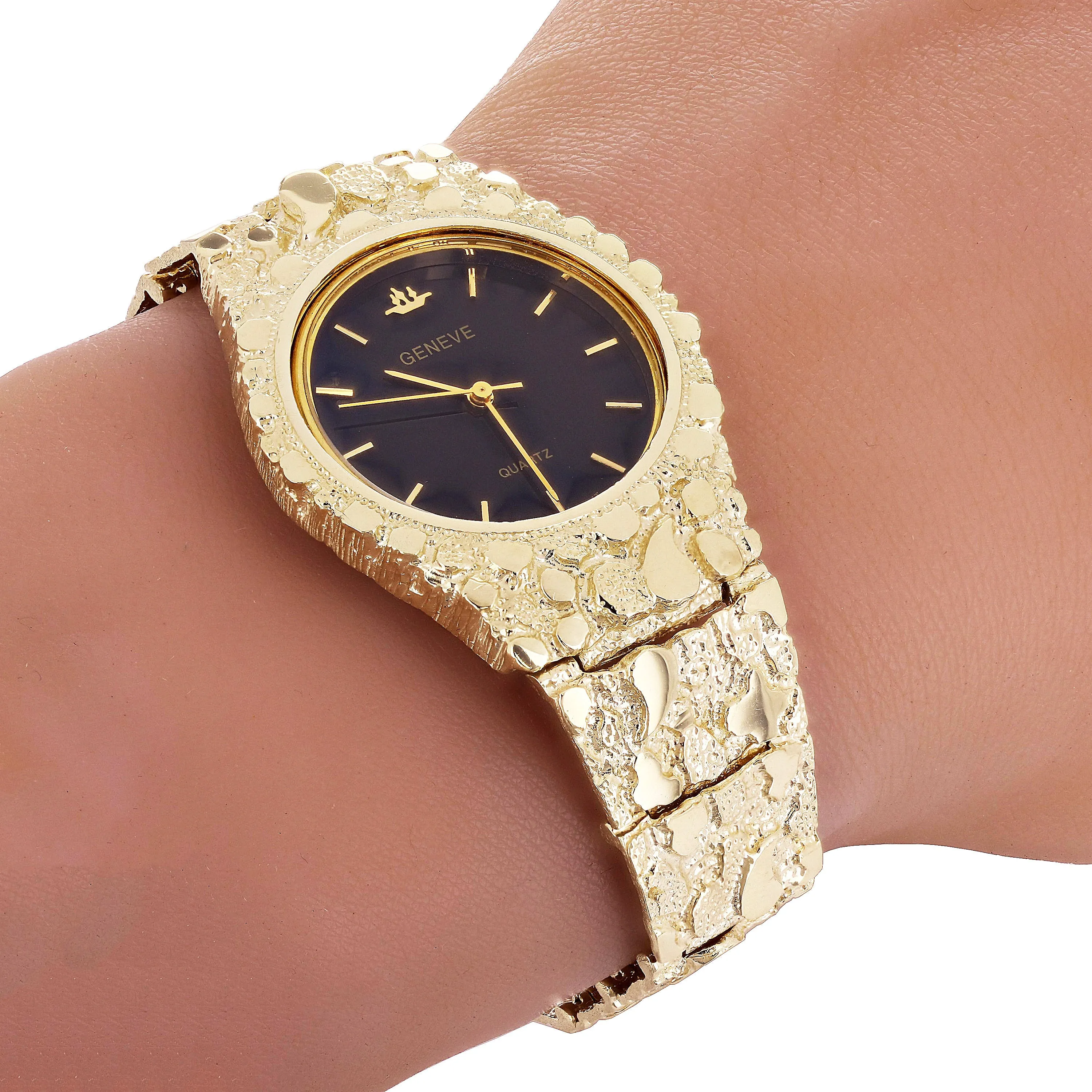 10k Yellow Gold Nugget Link Band Geneve Wrist Watch Adjustable 6-6.5" 41 grams