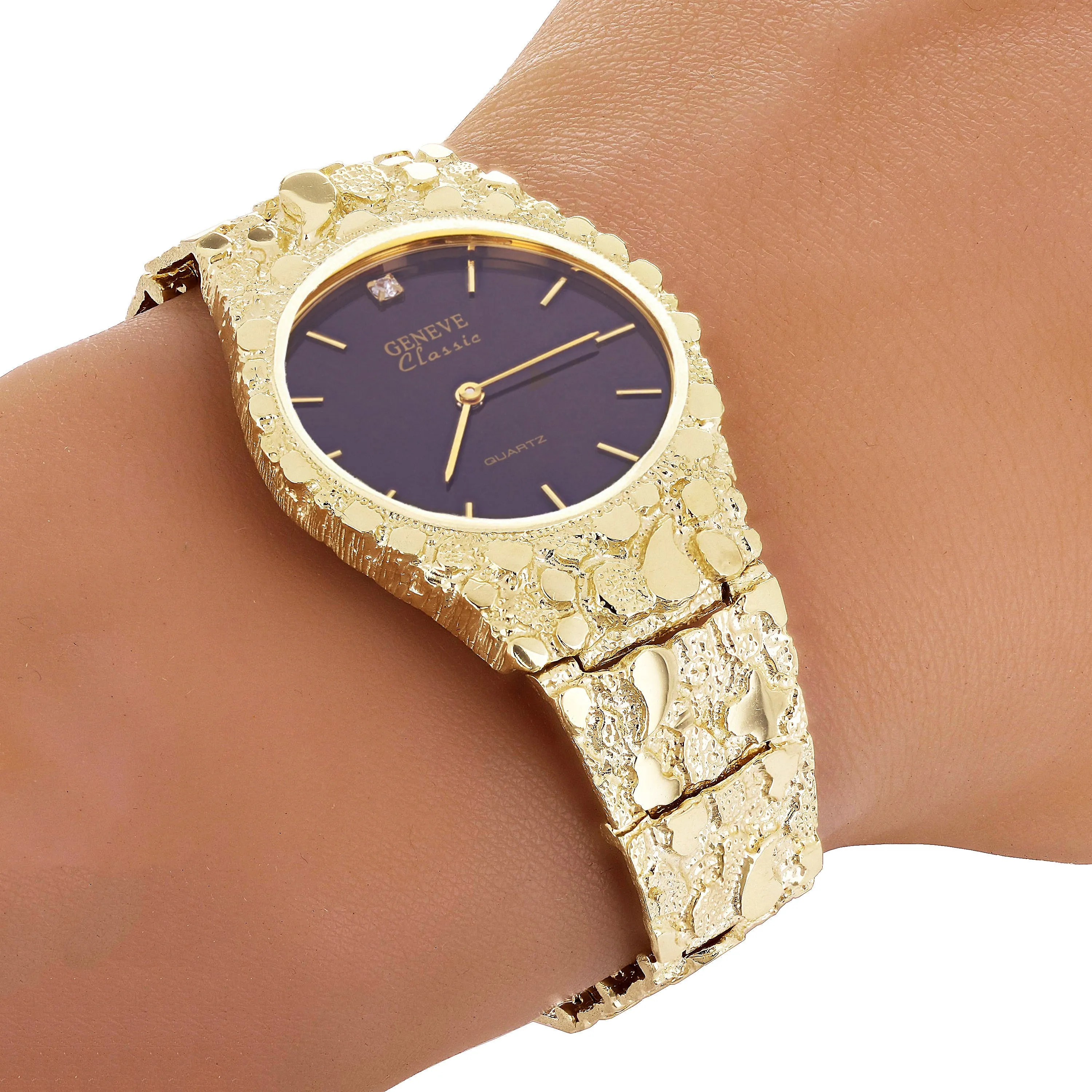 10k Yellow Gold Nugget Link Geneve Wrist Watch with Diamond 7.5-8" 50 grams