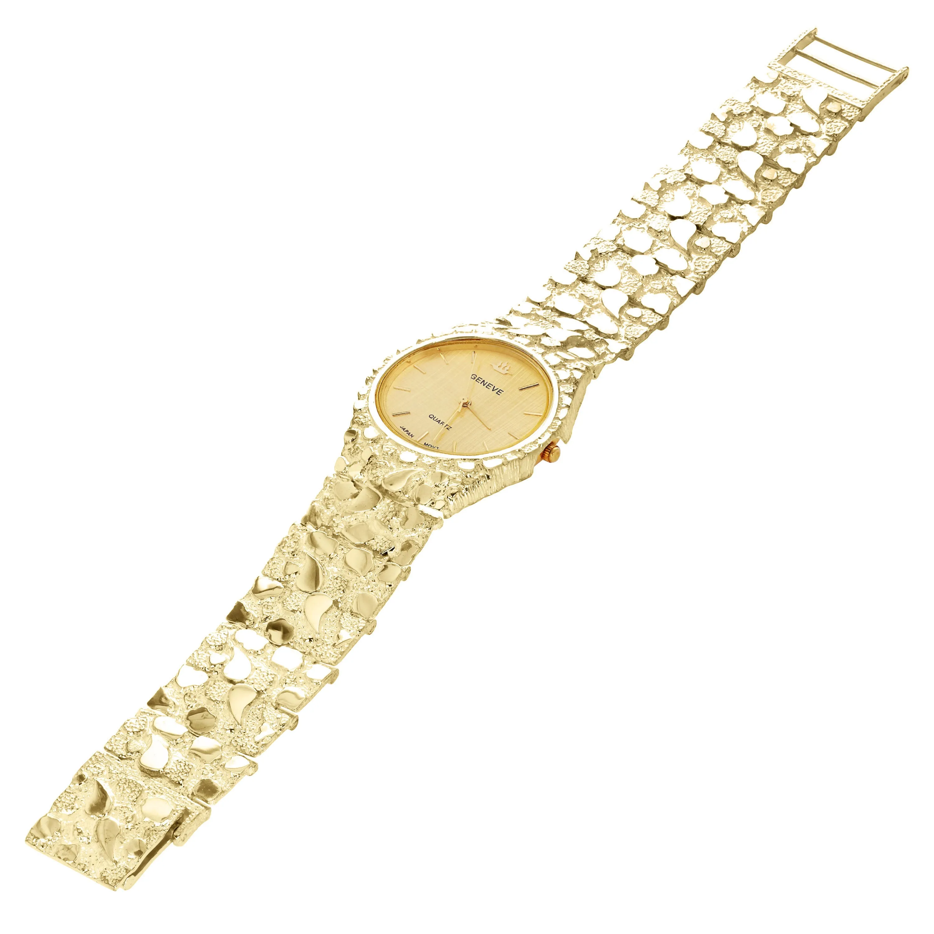 14k Yellow Gold Nugget Link Geneve Wrist Watch Straight Band Adj. 7.5-8" 75 gram