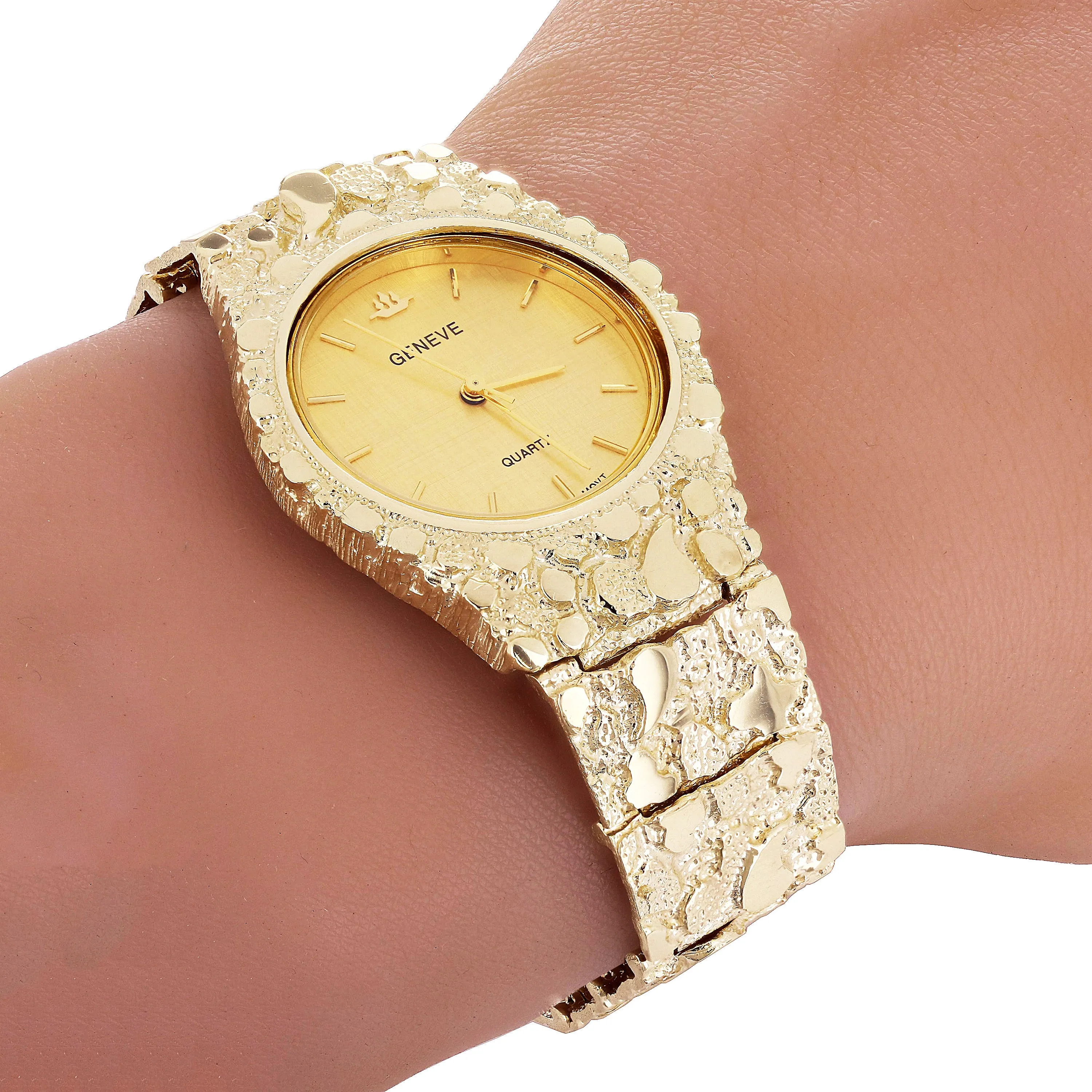 14k Yellow Gold Nugget Link Geneve Wrist Watch Straight Band Adj. 7.5-8" 75 gram