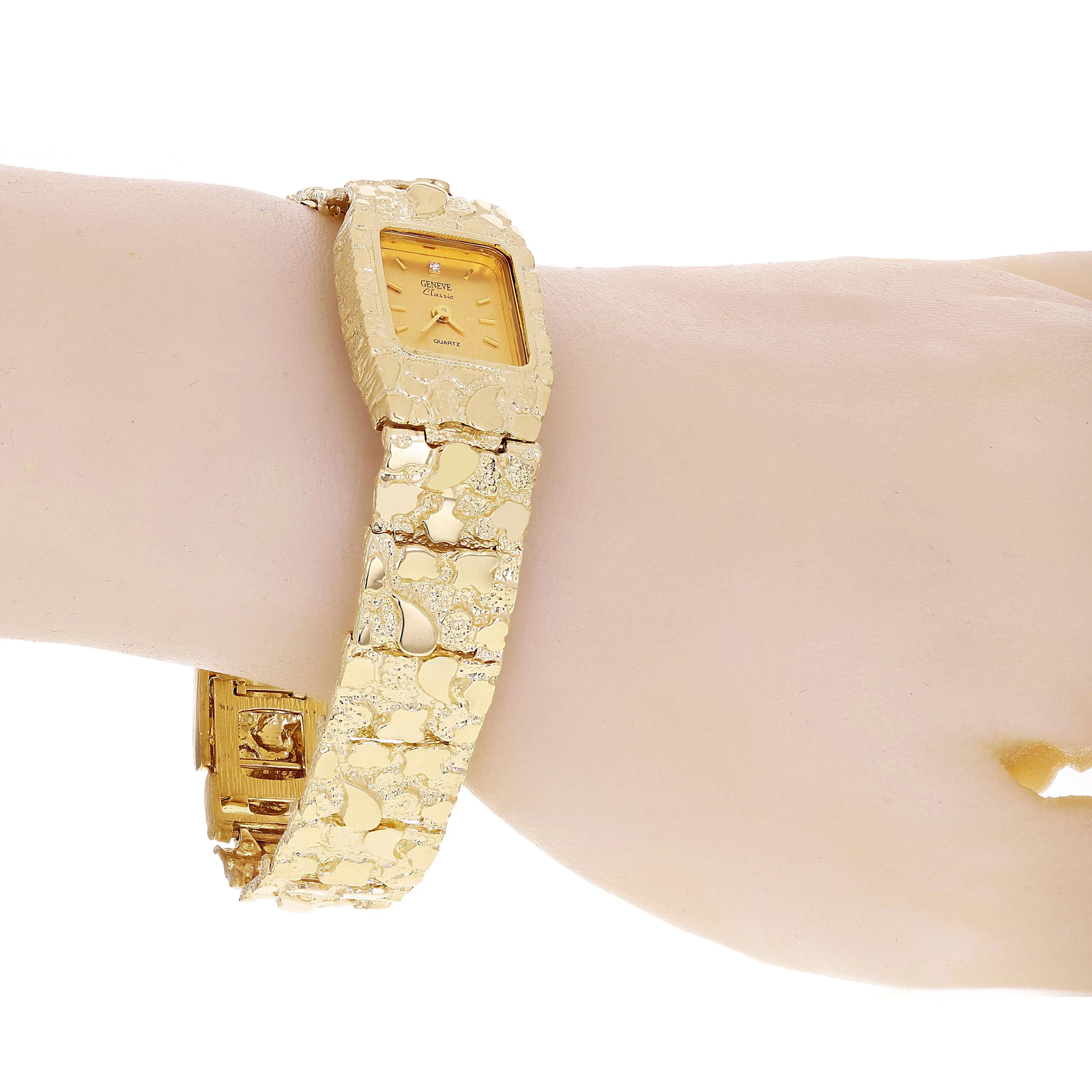 14k Yellow Gold Nugget Link Wrist Watch Bracelet Geneve Diamond Watch 7.5-8"