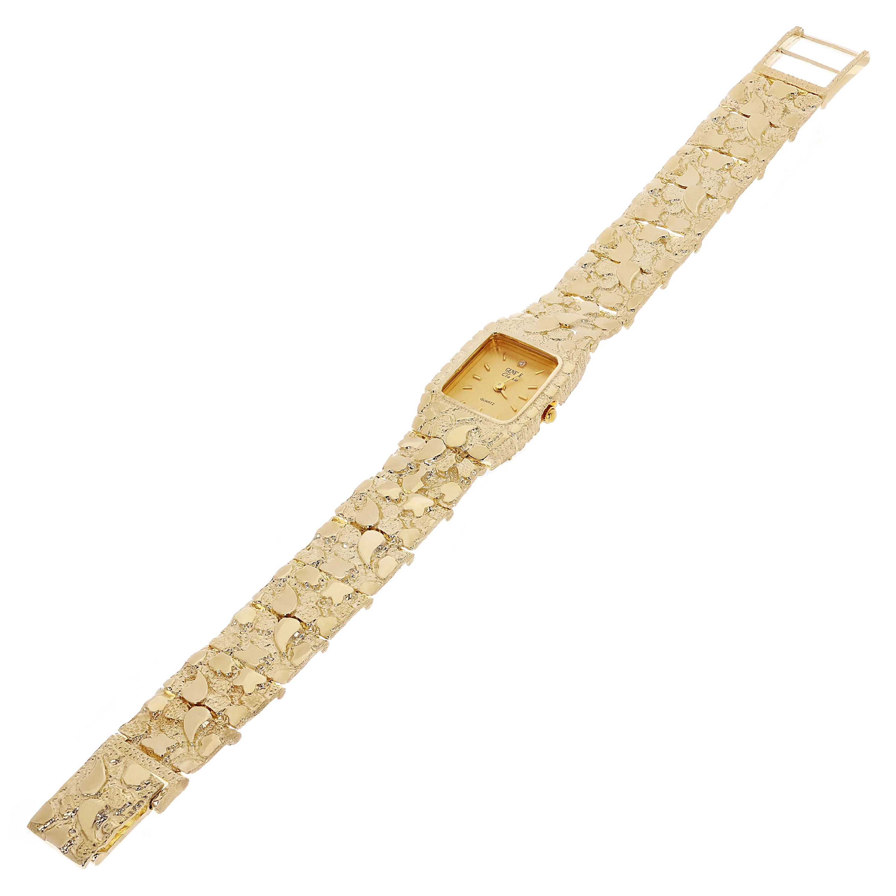 14k Yellow Gold Nugget Link Wrist Watch Bracelet Geneve Diamond Watch 7.5-8"