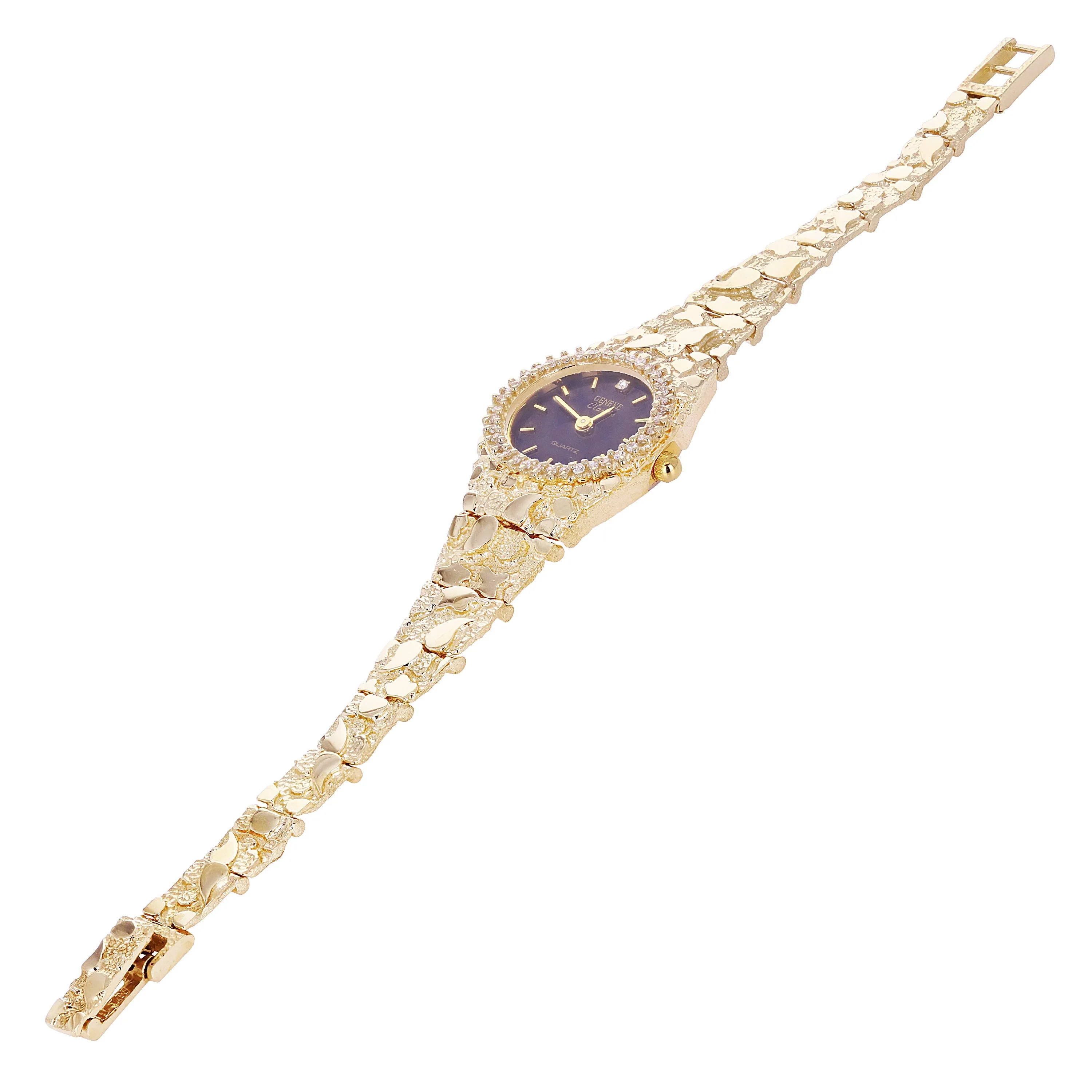 14k Yellow Gold Nugget Link Wrist Watch with Geneve Diamond Watch 6.5"-7" 29.8g