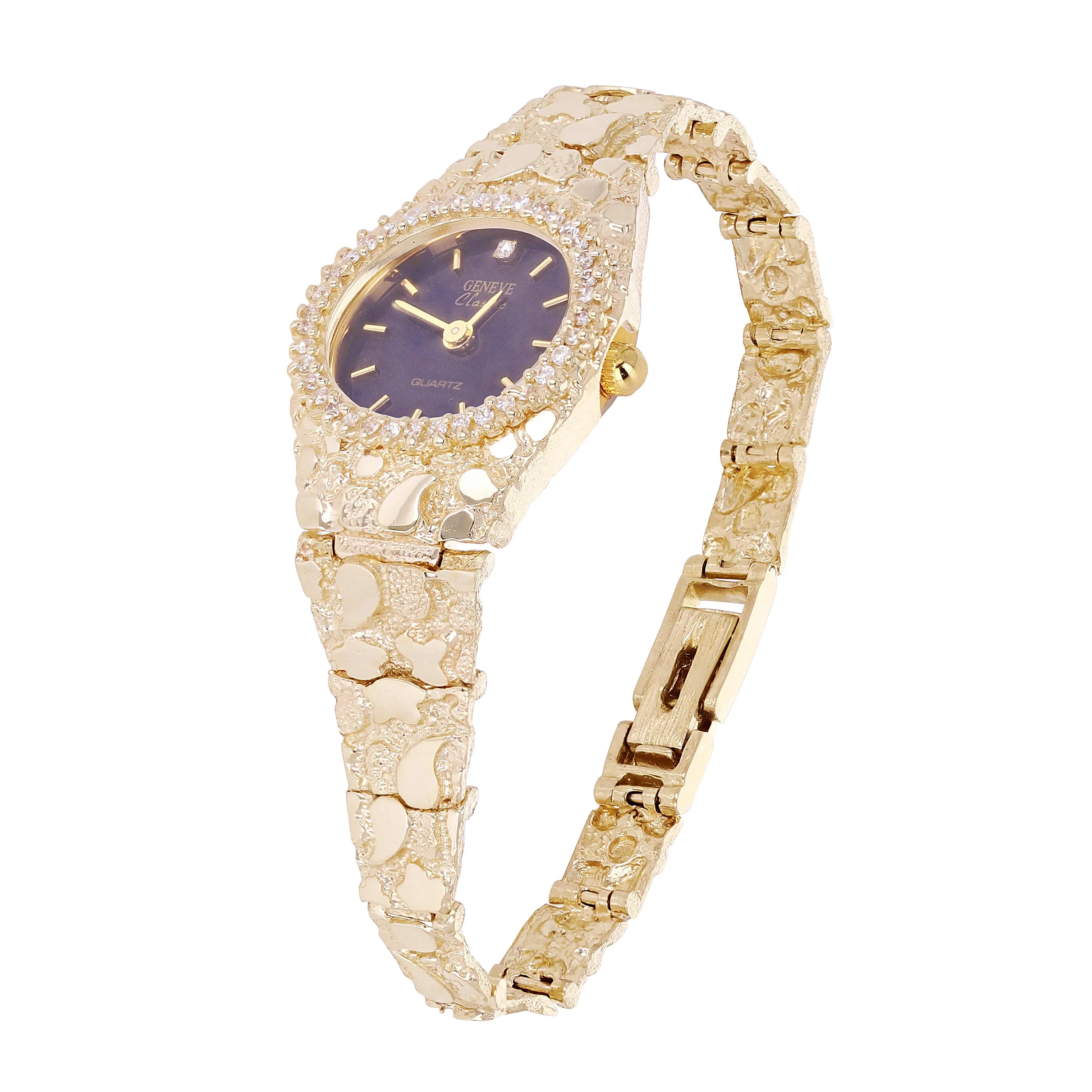 14k Yellow Gold Nugget Link Wrist Watch with Geneve Diamond Watch 6.5"-7" 29.8g