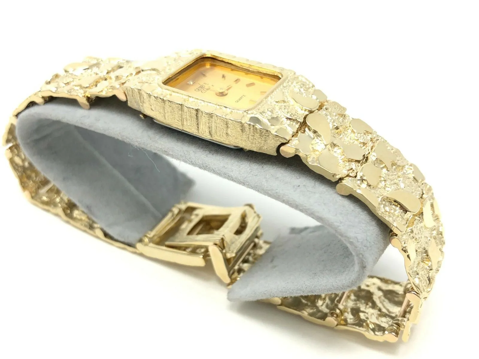 14k Yellow Gold Solid Nugget Bracelet Link Geneve Diamond Wrist Watch 7"-7.5" 45 grams