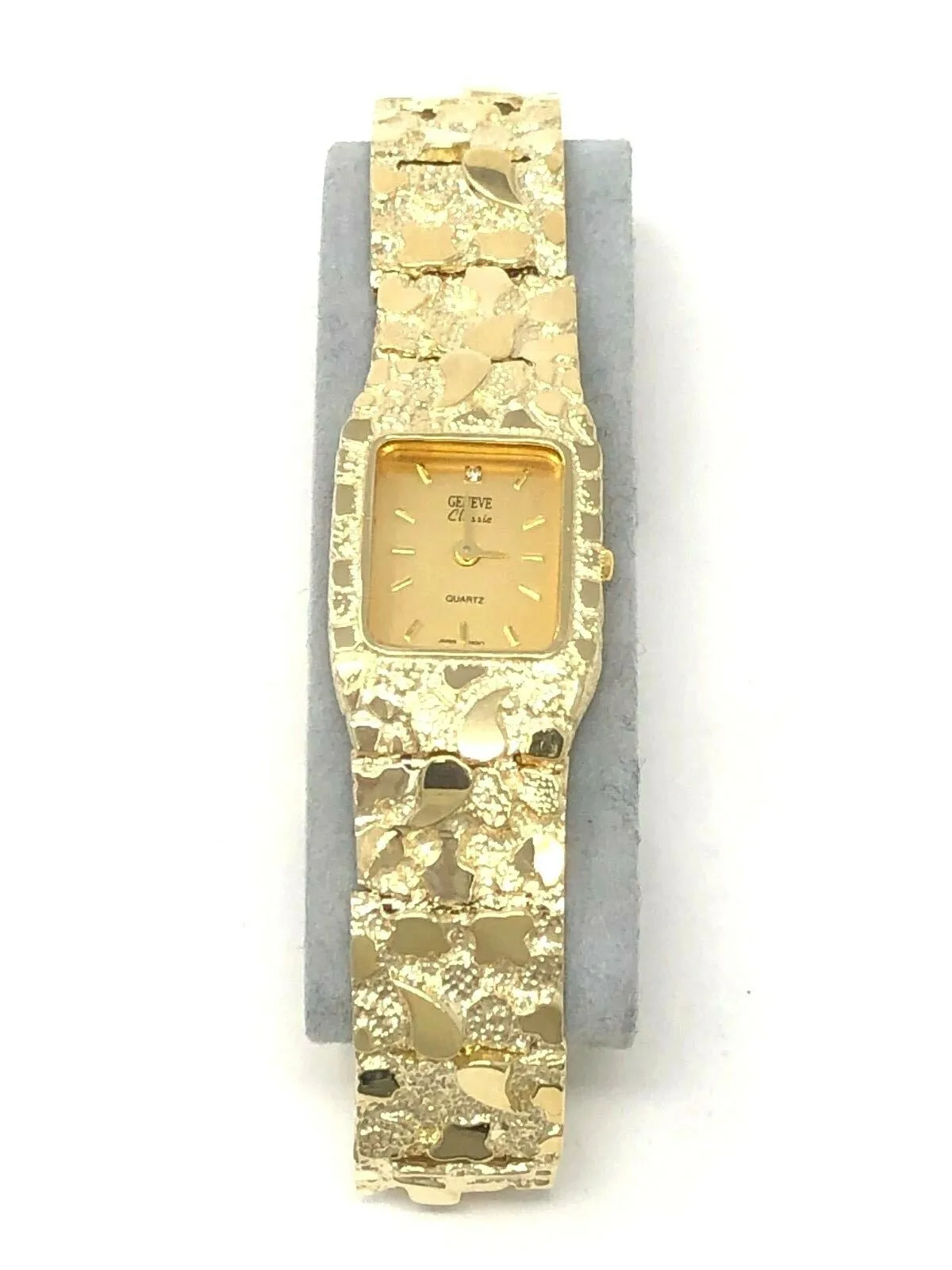 14k Yellow Gold Solid Nugget Bracelet Link Geneve Diamond Wrist Watch 7"-7.5" 45 grams