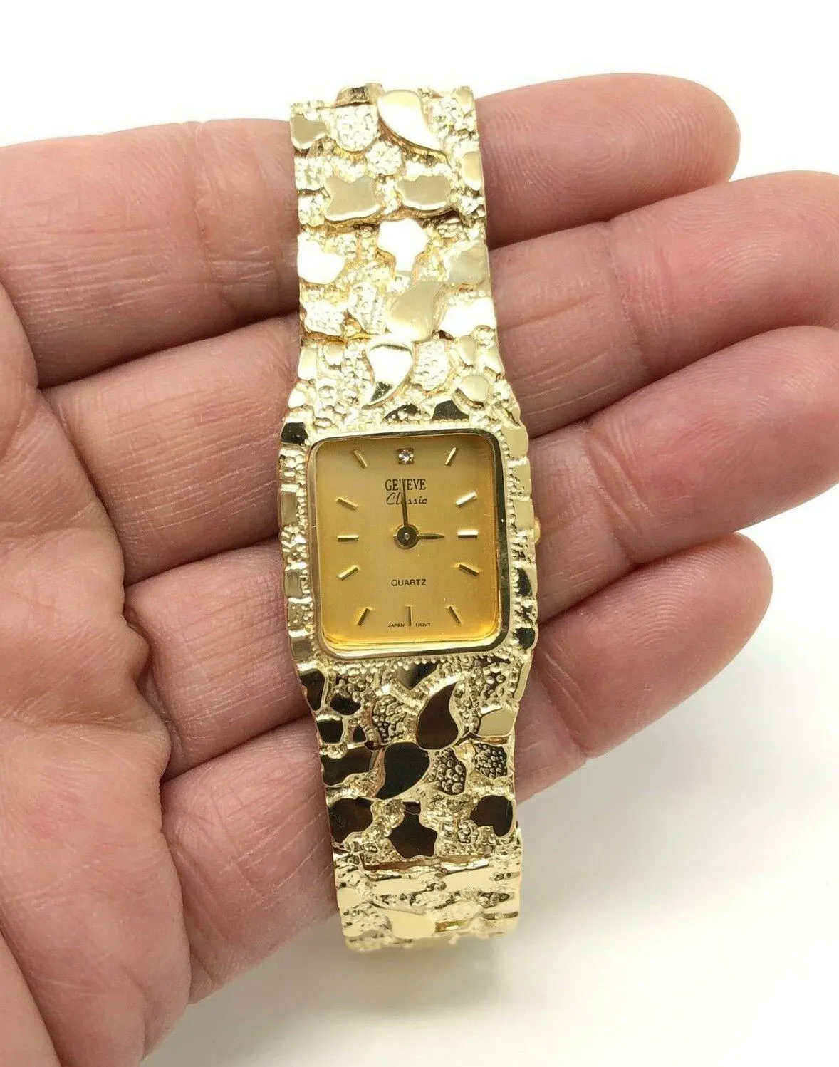 14k Yellow Gold Solid Nugget Bracelet Link Geneve Diamond Wrist Watch 7"-7.5" 45 grams