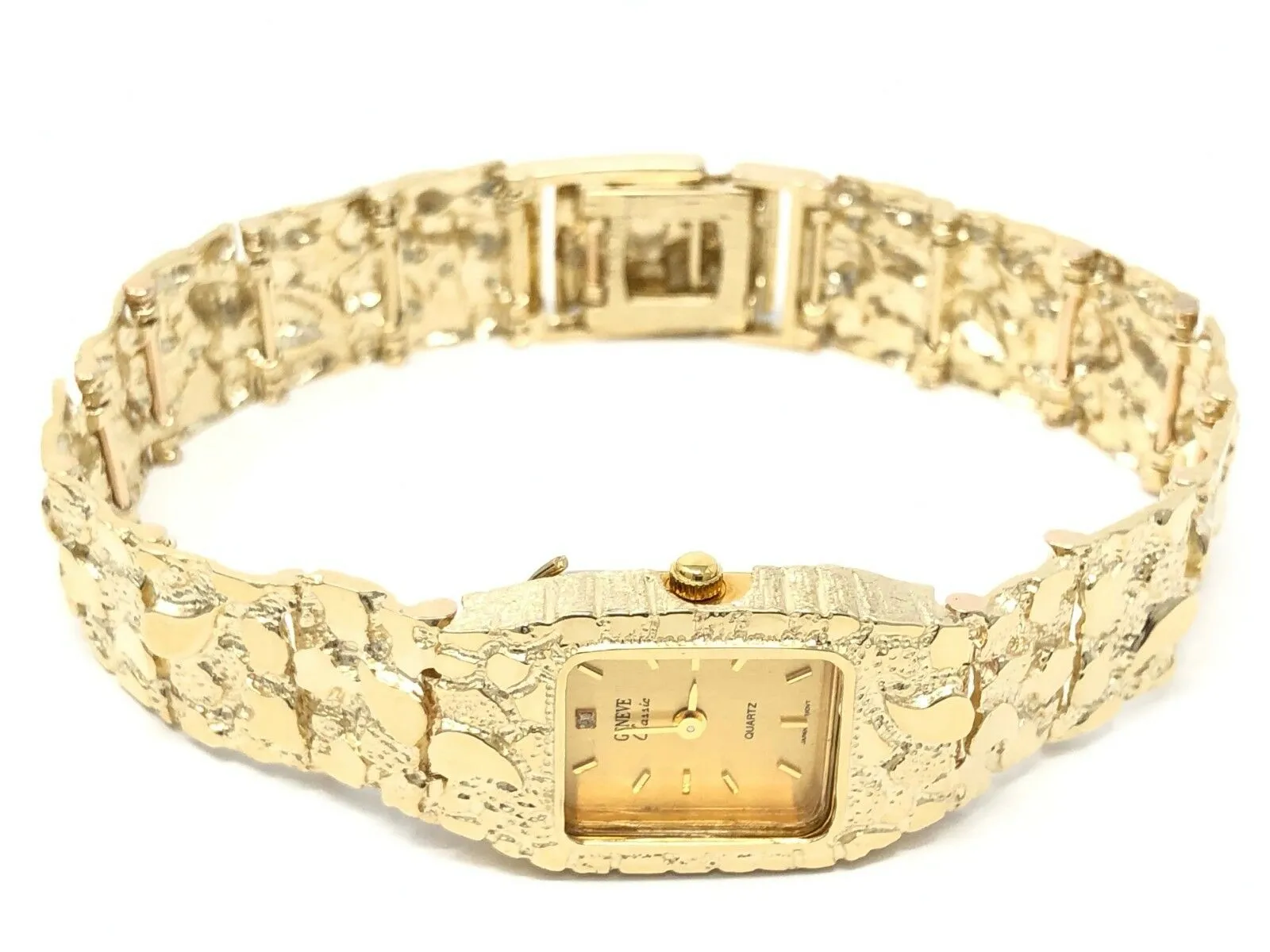 14k Yellow Gold Solid Nugget Bracelet Link Geneve Diamond Wrist Watch 7"-7.5" 45 grams