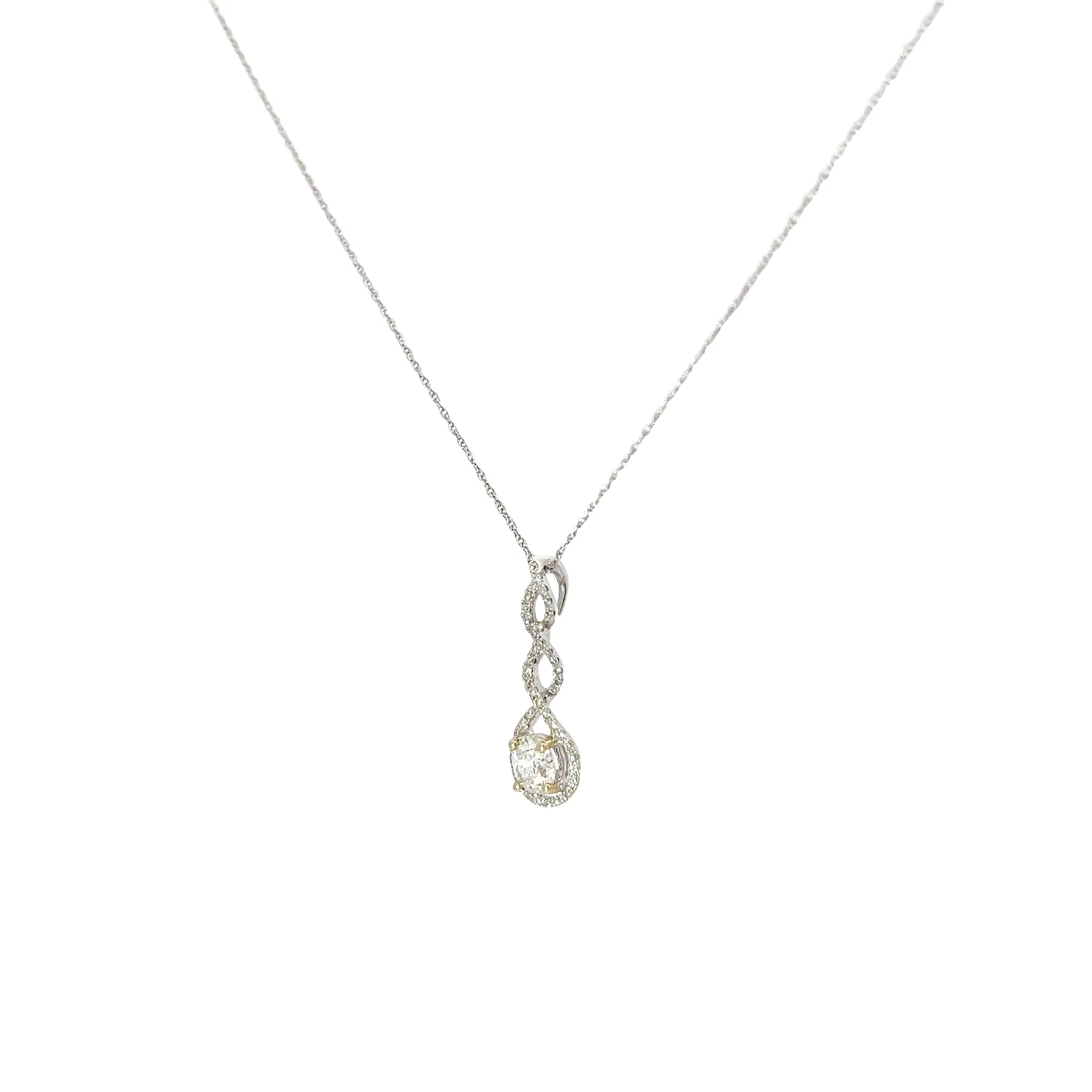18k White Gold .50ct G SI1 Round Diamond Drop and along Halo .25ct G SI1  Round Diamond Solitaire Necklace