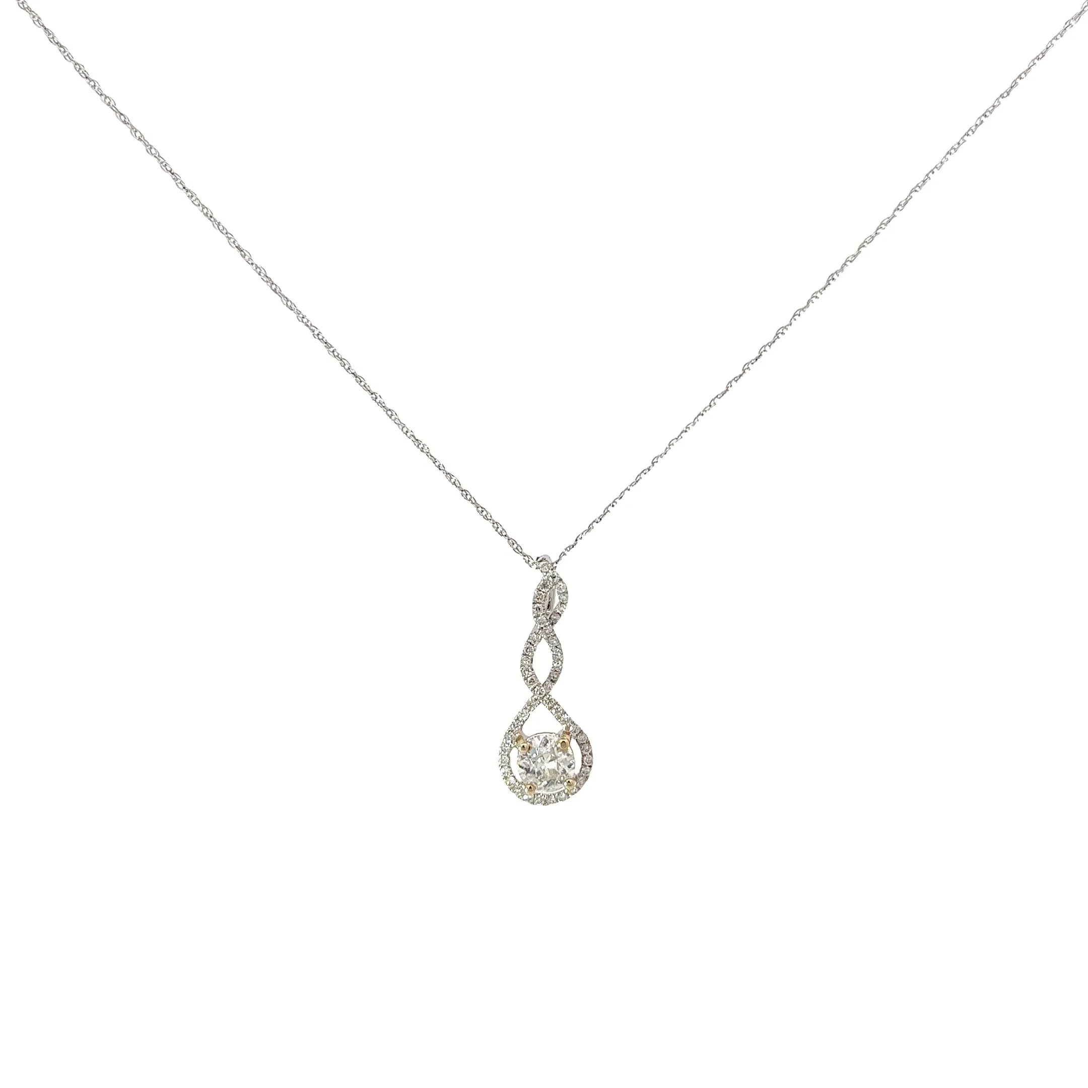 18k White Gold .50ct G SI1 Round Diamond Drop and along Halo .25ct G SI1  Round Diamond Solitaire Necklace
