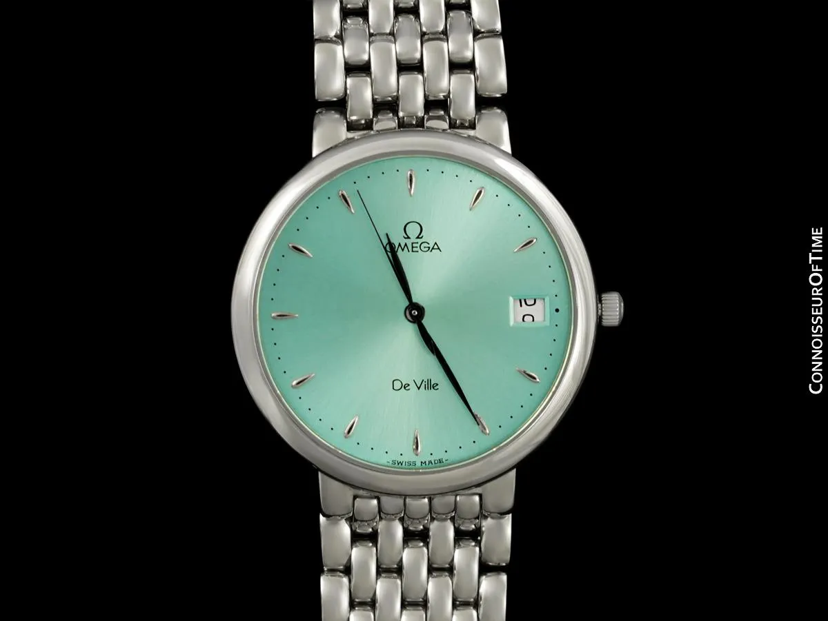 1998 Omega De Ville Mens Dress Watch with Tiffany Blue Dial & Date - Stainless Steel