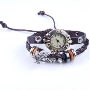 2013-2014 new arrive Retro Quartz Fashion Weave Wrap Around Leather Bracelet Bangle Womens Tree Leaf Girl Watch,sold 10pcs per pkg