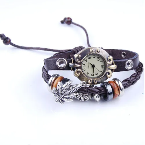 2013-2014 new arrive Retro Quartz Fashion Weave Wrap Around Leather Bracelet Bangle Womens Tree Leaf Girl Watch,sold 10pcs per pkg