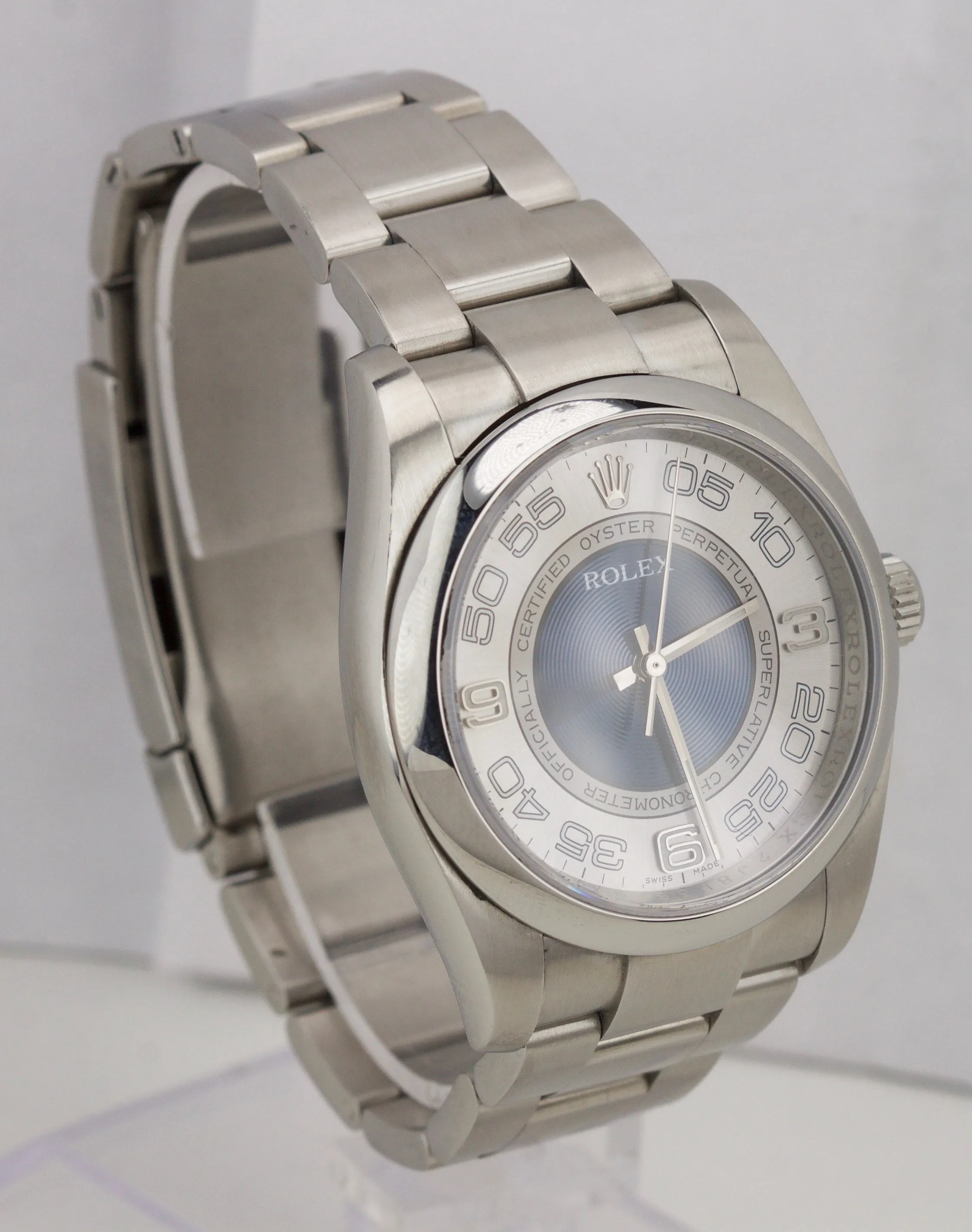 2014 Rolex Oyster Perpetual 116000 36mm Blue Silver Concentric Stainless Watch