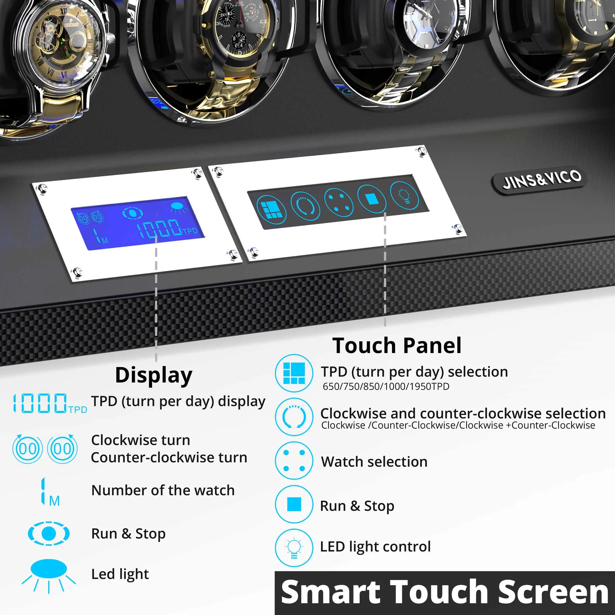 8 Automatic Watch Winders with LCD Touch Screen, Carbon Fiber