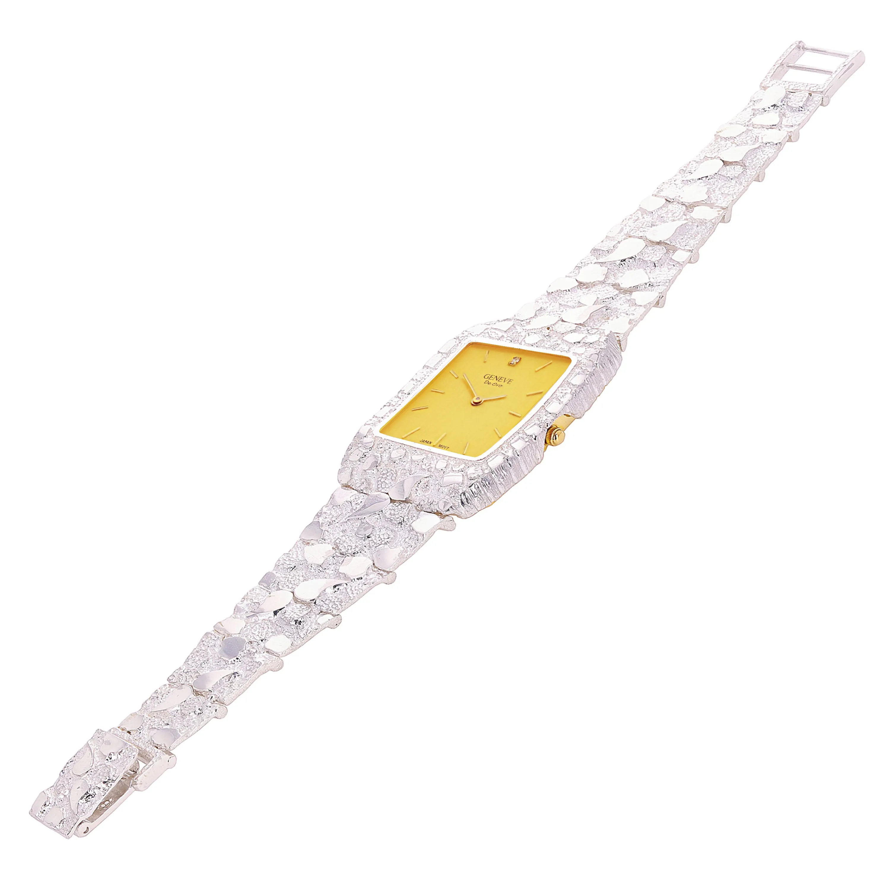 925 Sterling Silver Nugget Link Bracelet Geneve with Diamond Watch 8.5-9" 53g