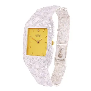 925 Sterling Silver Nugget Link Watch Bracelet Geneve with Diamond 7.5-8" 47g