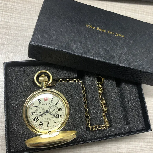 Antique Copper London Pocket & fob Watches Mechanical Watch Hand Wind Skeleton Mens Pocket Watch With Chain Xmas Gift Box