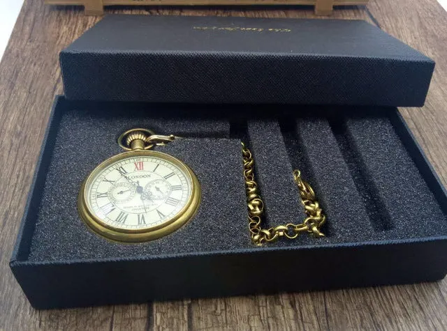 Antique Copper London Pocket & fob Watches Mechanical Watch Hand Wind Skeleton Mens Pocket Watch With Chain Xmas Gift Box