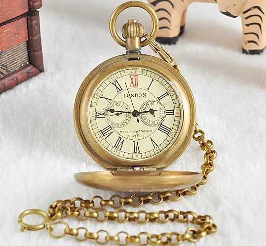 Antique Copper London Pocket & fob Watches Mechanical Watch Hand Wind Skeleton Mens Pocket Watch With Chain Xmas Gift Box