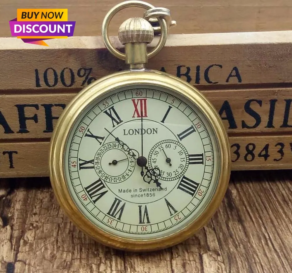Antique Copper London Pocket & fob Watches Mechanical Watch Hand Wind Skeleton Mens Pocket Watch With Chain Xmas Gift Box