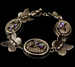 Antique Silver Butterfly Bracelet Steampunk Jewelry Bracelet - In the Works - Steampunk watch parts charm bracelet