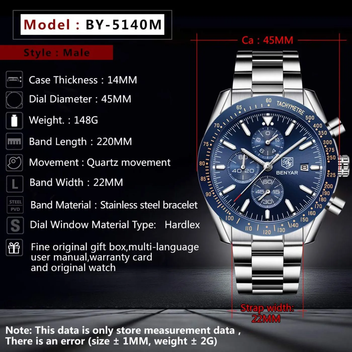 BENYAR Men's Luxury Stainless Steel Party-Wear Chronograph Date Display Watch