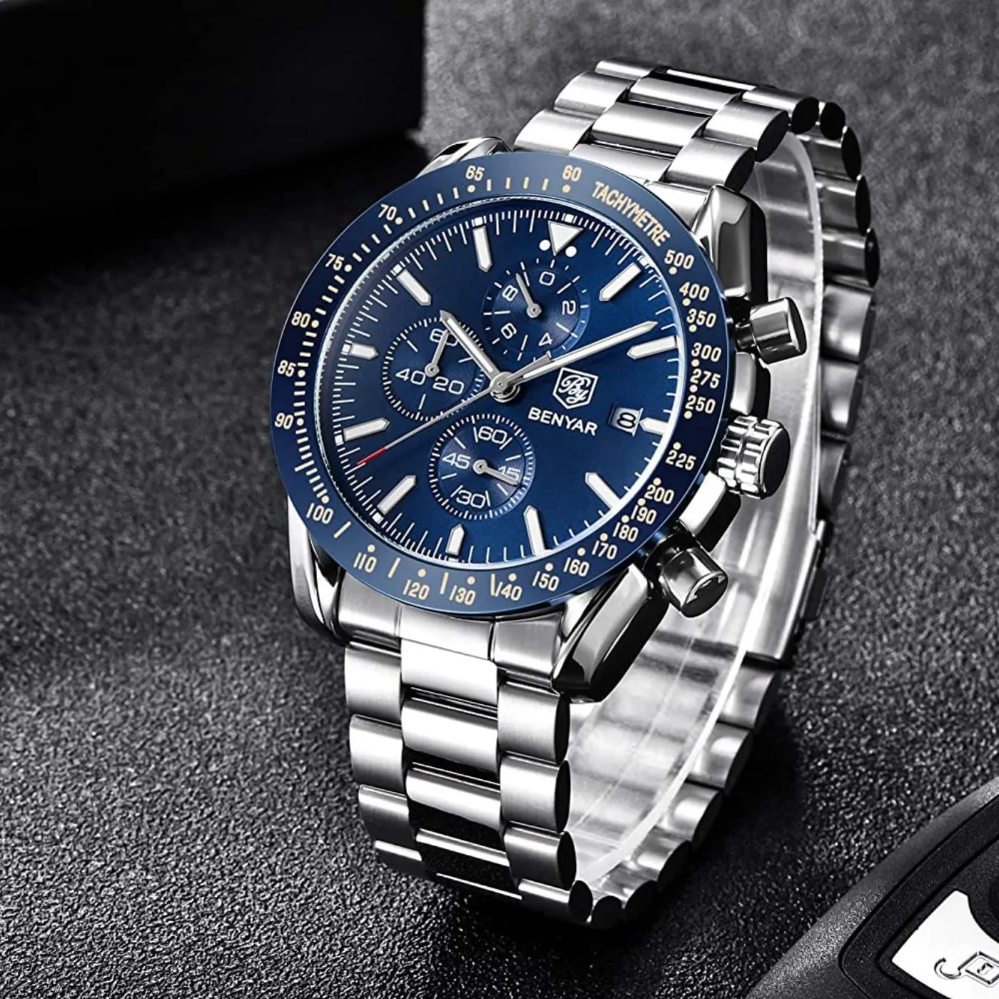 BENYAR Men's Luxury Stainless Steel Party-Wear Chronograph Date Display Watch