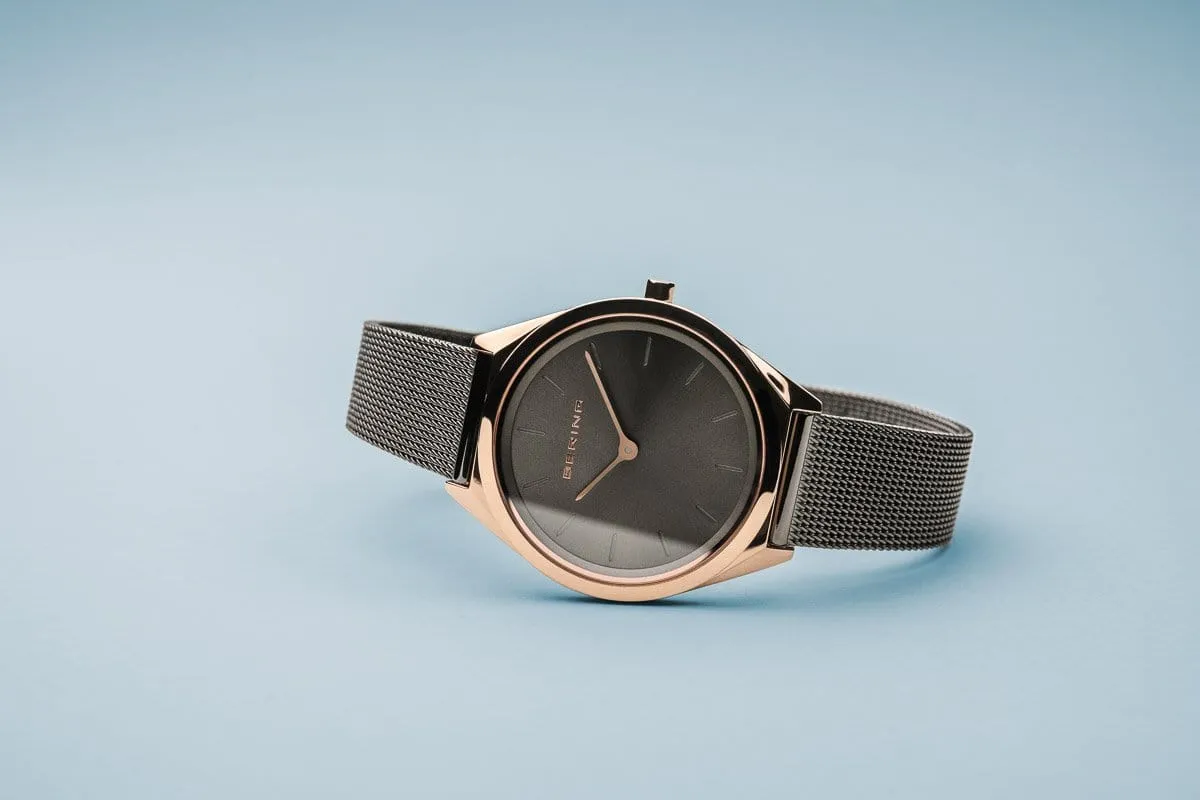 BERING Ultra Slim 31mm Polished Rose Gold Case Grey Mesh Strap Women's Watch 17031-369