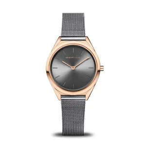 BERING Ultra Slim 31mm Polished Rose Gold Case Grey Mesh Strap Women's Watch 17031-369