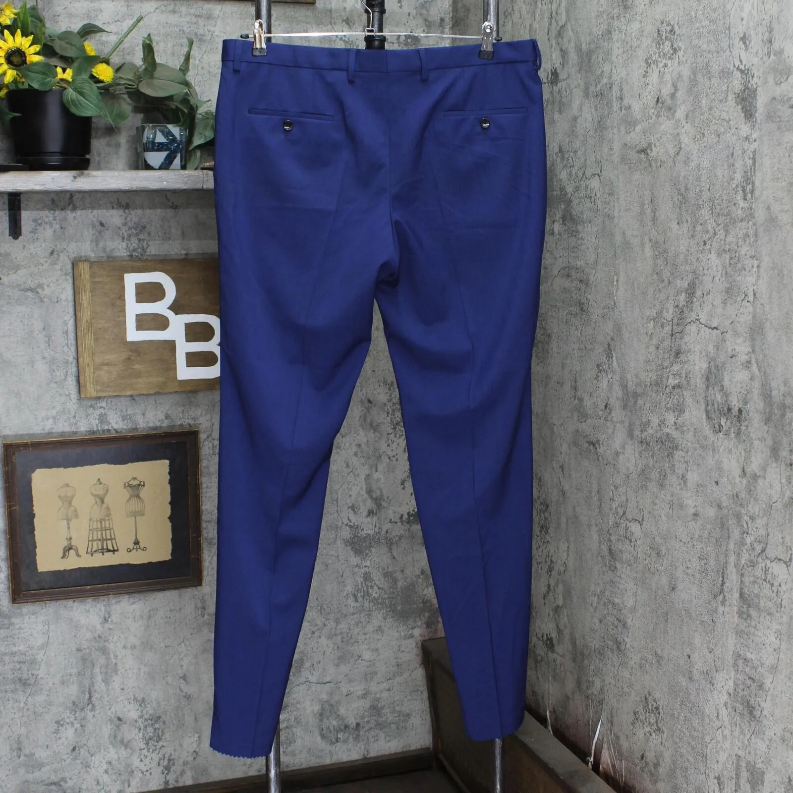 Boss Genius Stretch Tailored Slim Fit Wool Suit Dress Unhemmed Pants Navy 38R