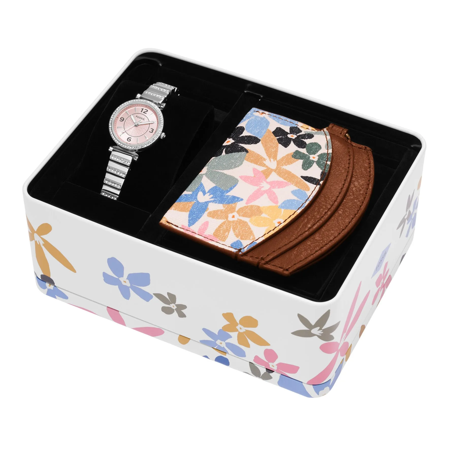 Carlie Three-Hand Stainless Steel Watch and Card Case Box Set