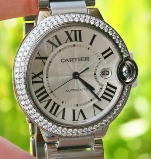 Cartier Steel Mens Ballon Bleu 42mm Watch Box & Paper Warranty Diamonds W69012Z4