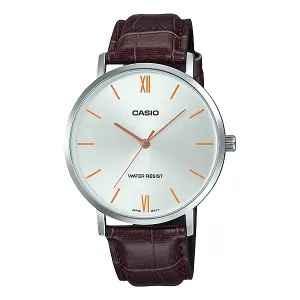 Casio Brown Leather Strap Silver Dial Quartz Watch for Gents - MTP-VT01L-7B2UDF