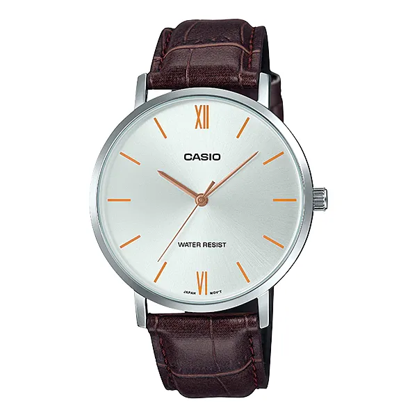 Casio Brown Leather Strap Silver Dial Quartz Watch for Gents - MTP-VT01L-7B2UDF