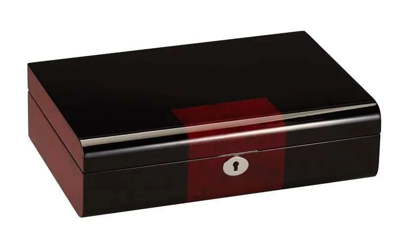 Diplomat Black Wood Finish Ten Watch Storage Case with Cherry Wood Finish Accents and Soft Microfiber Black Suede Interior