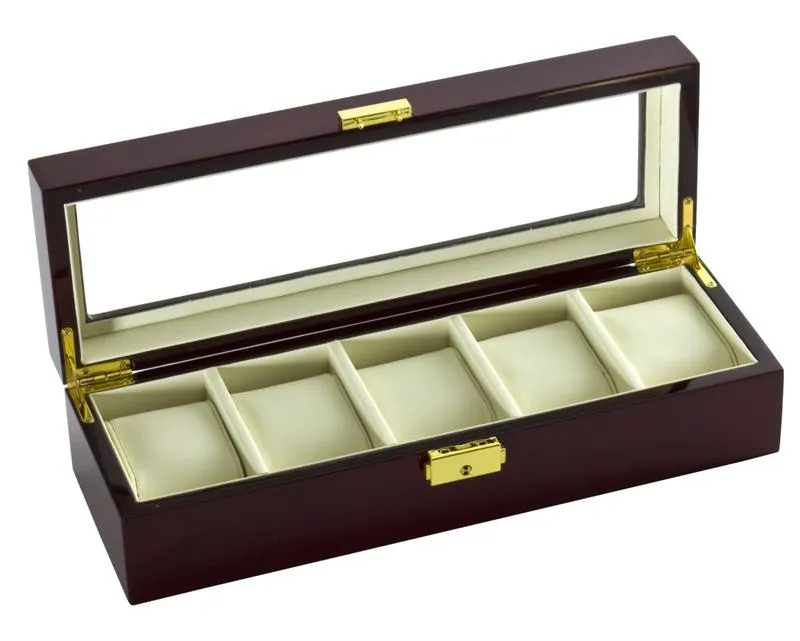 Diplomat Clear Top Window Watch Case for 5 Watches - Cherry Wood