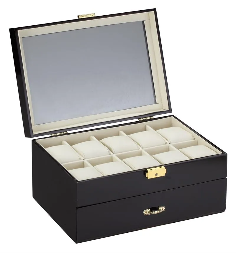Diplomat Ten Watch Case with Cream Leatherette Inerior and Drawer With Pen and Cufflink Storage