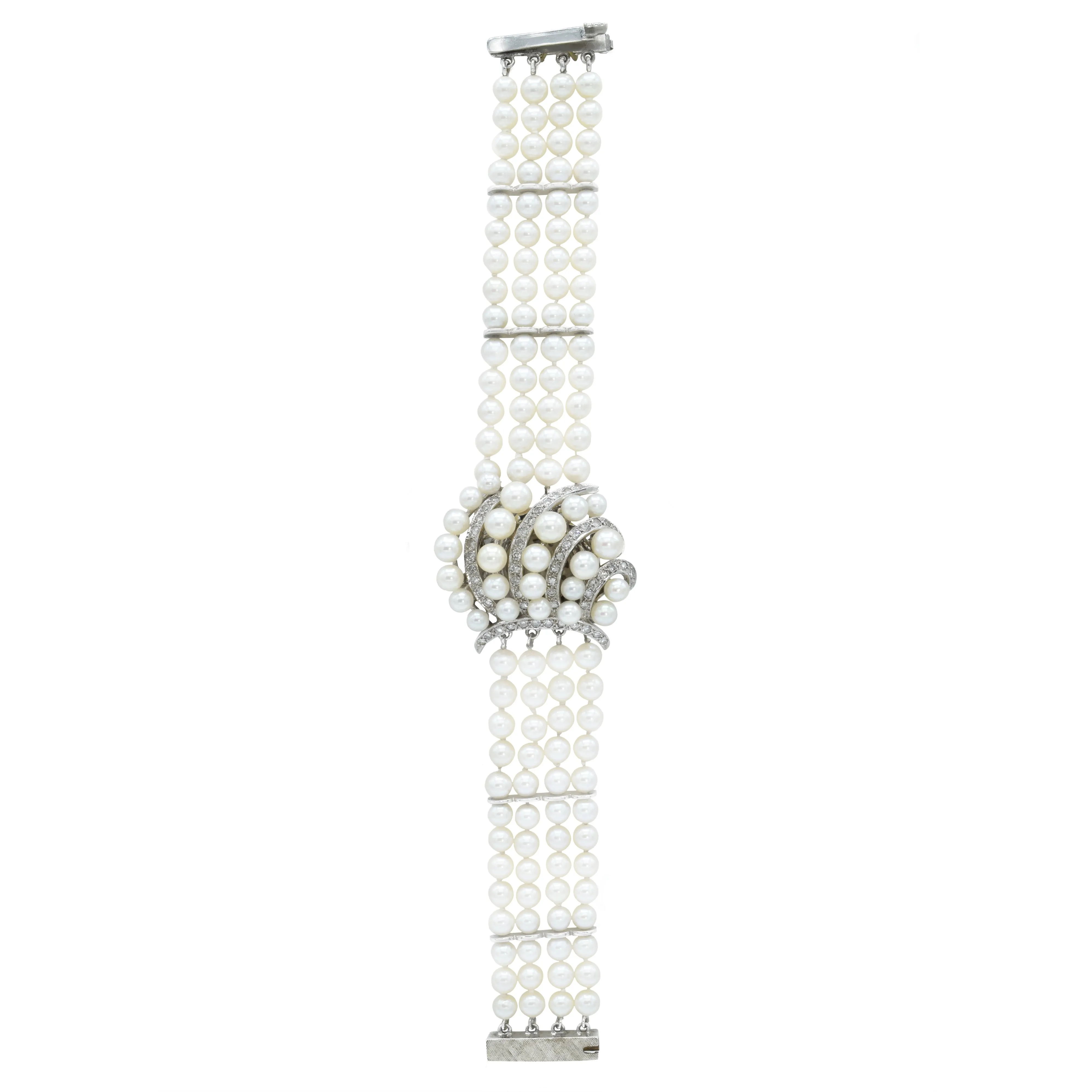 Estate 1960s 14KT White Gold Pearl And Diamond Watch Bracelet