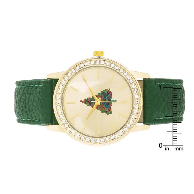 Gold Christmas Crystal Tree Watch With Green Leather Strap