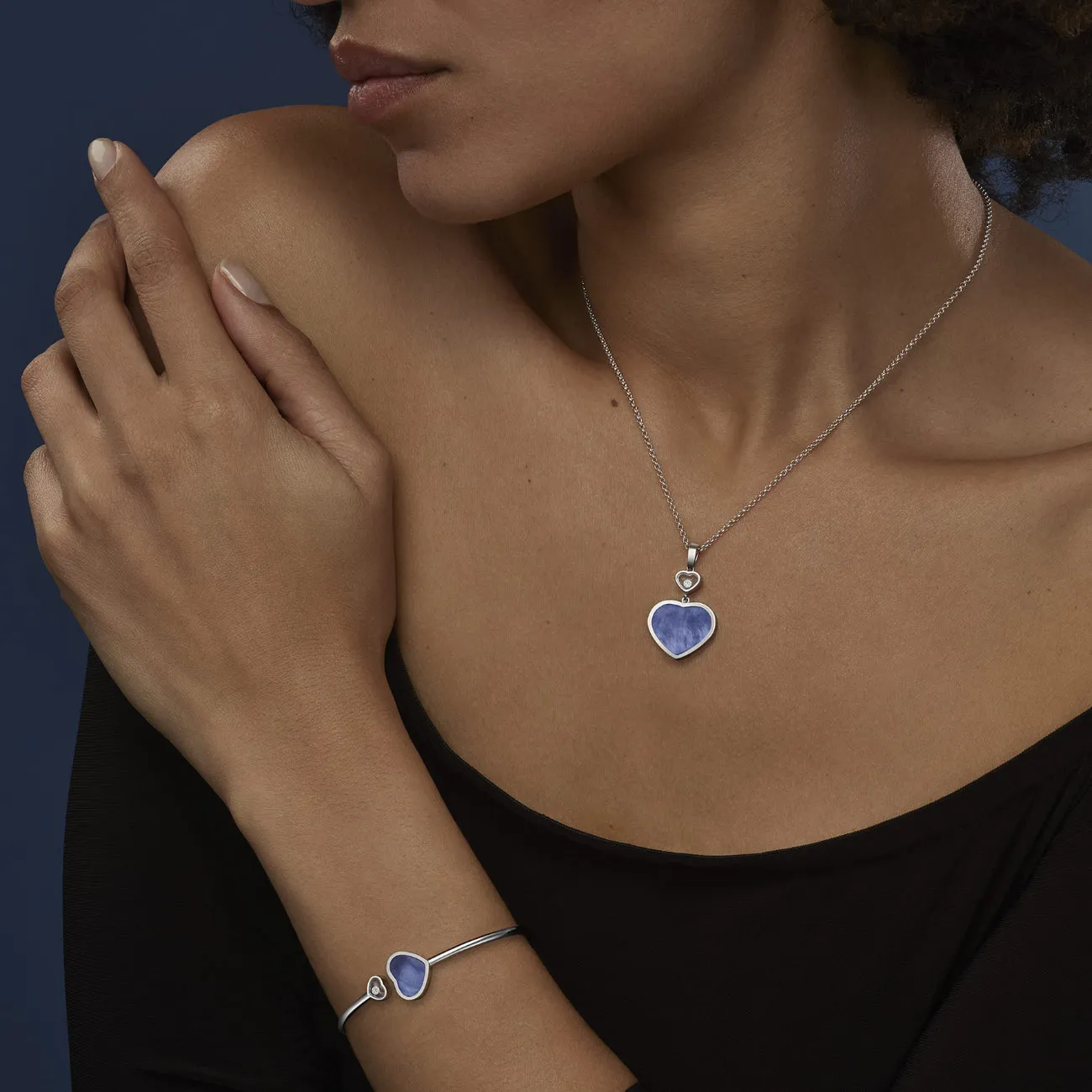 Happy Hearts Ethical White Gold Diamond Blue Mother of Pearl Pendant Necklace