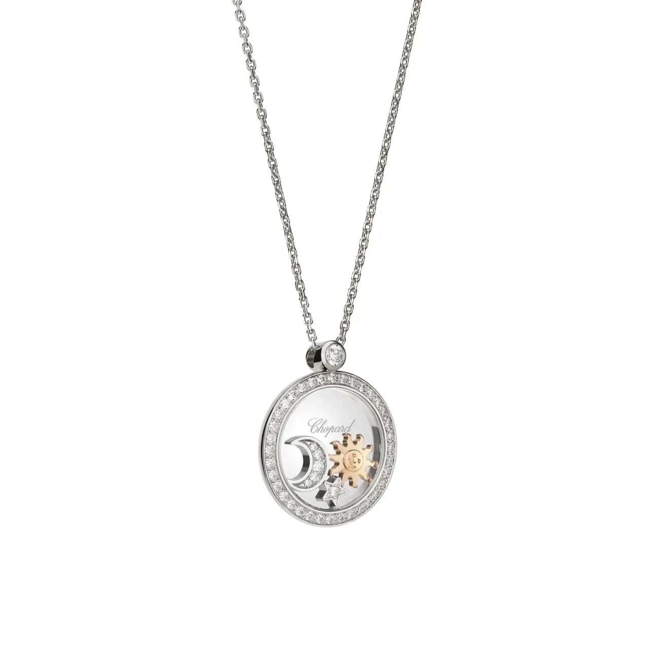 Happy Sun Moon And Stars Ethical White Gold Diamonds Pendant Necklace