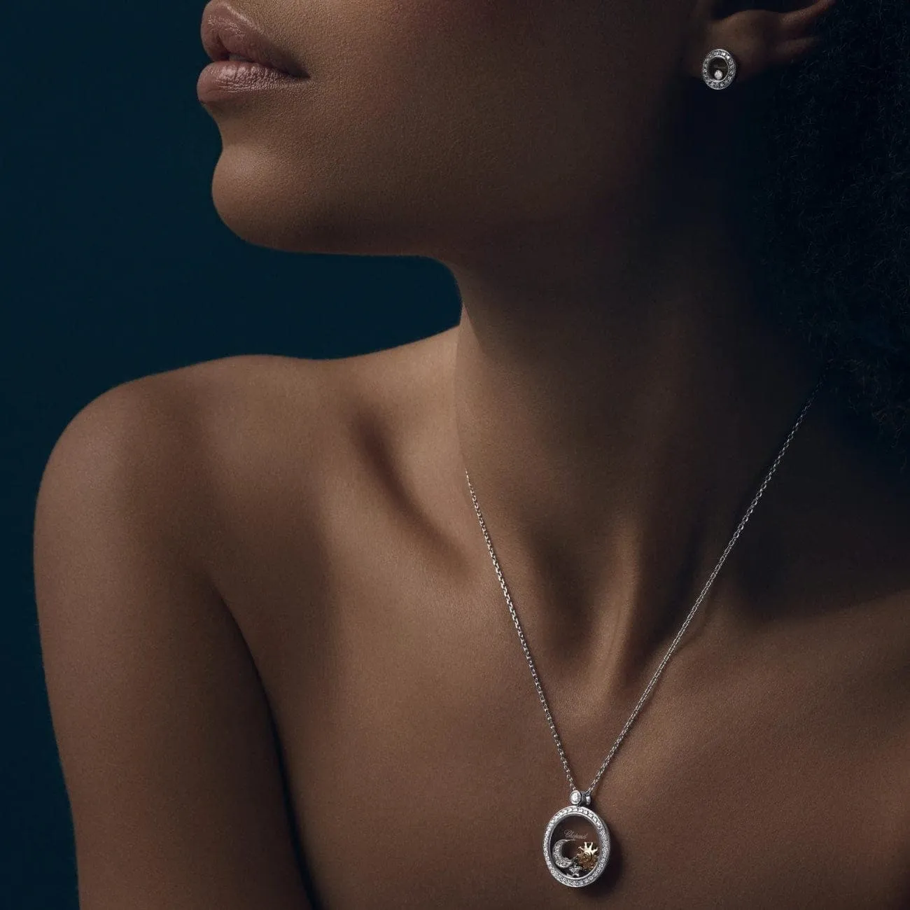Happy Sun Moon And Stars Ethical White Gold Diamonds Pendant Necklace