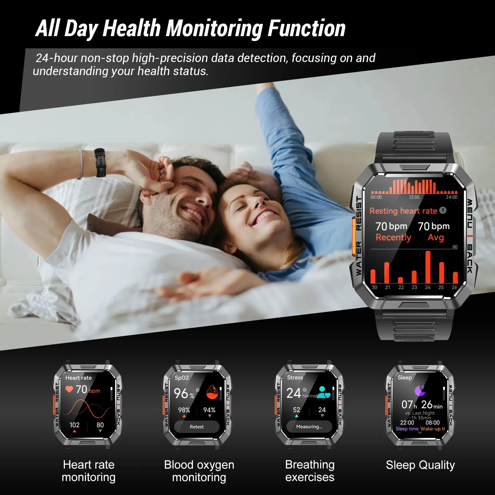 IOWODO 2024 W60 Smart Watch 2.01'' HD Display Smartwatch for Outdoor with Emergency Lighting Bluetooth Calling 900mAh 30 days