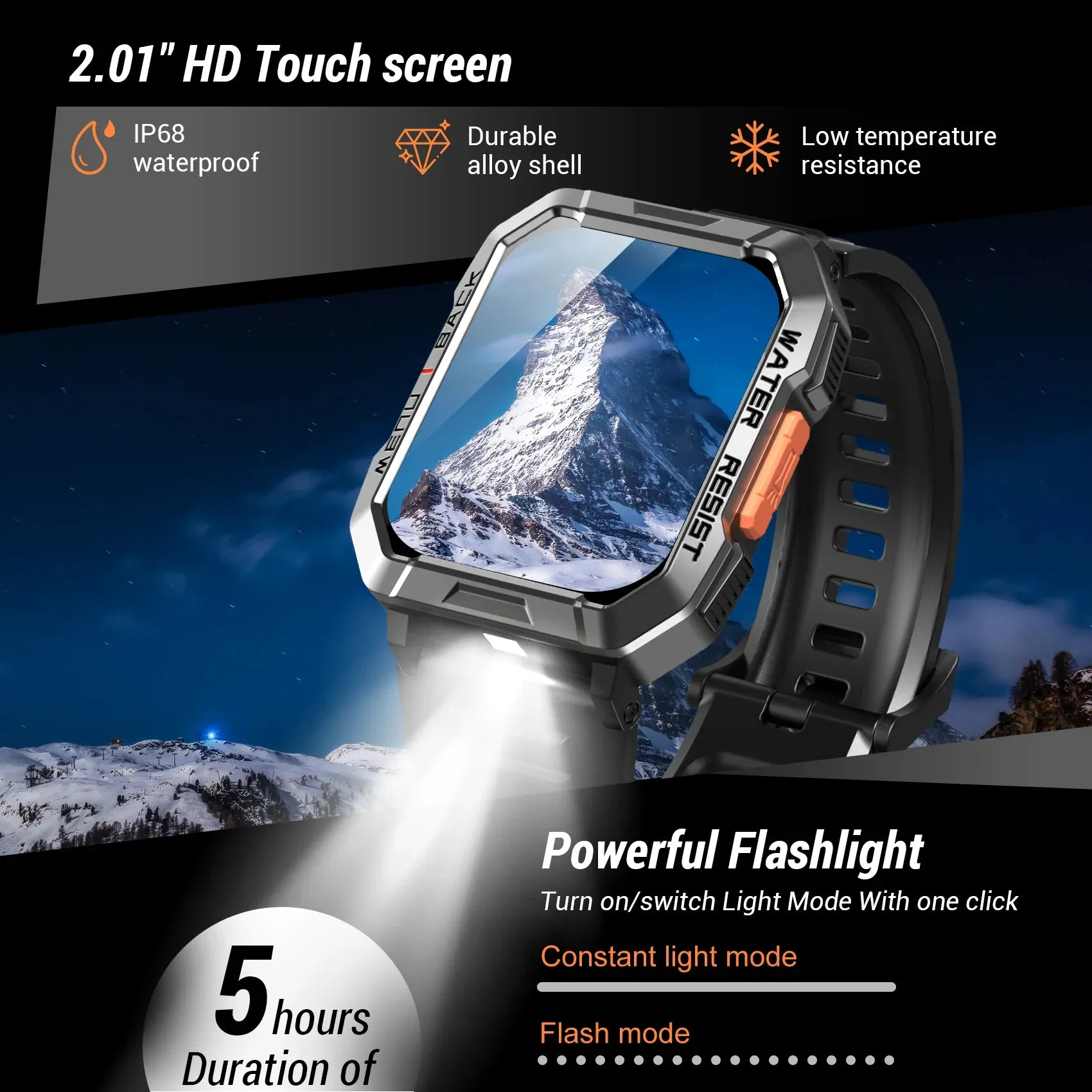 IOWODO 2024 W60 Smart Watch 2.01'' HD Display Smartwatch for Outdoor with Emergency Lighting Bluetooth Calling 900mAh 30 days