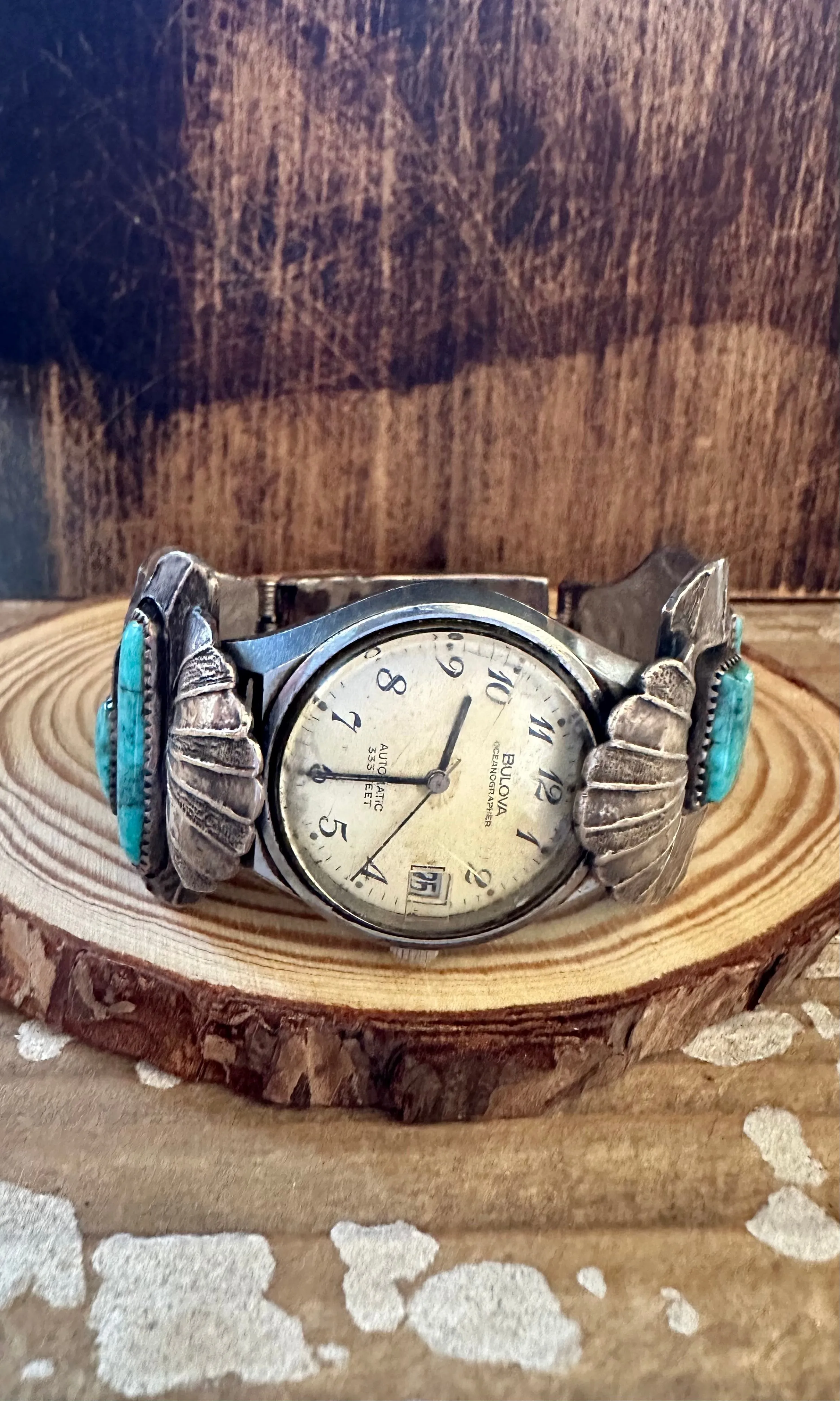 JH HALLMARK 70s Silver Turquoise Bracelet Watchband with Bulova Watch
