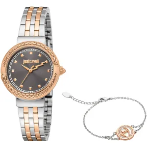 Just Cavalli Brave Snake Ladies Dark Gray Dial Two Tones Watch and Bracelet Set