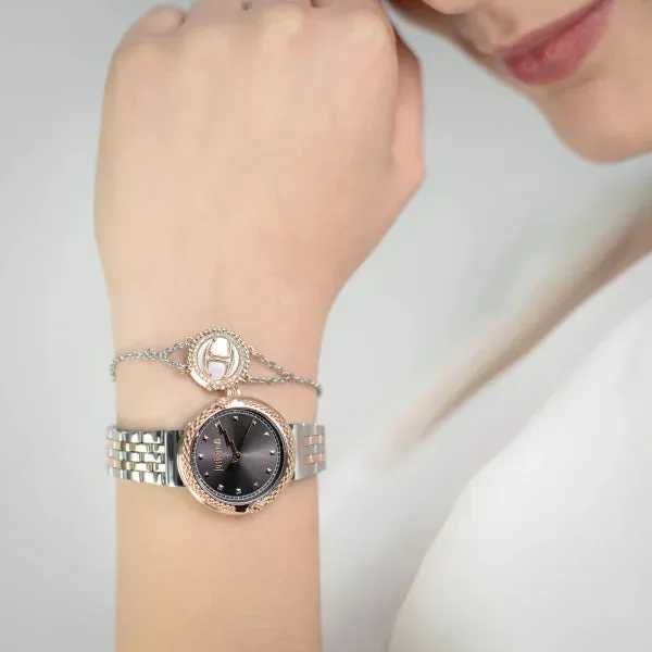 Just Cavalli Brave Snake Ladies Dark Gray Dial Two Tones Watch and Bracelet Set